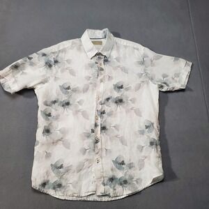 Jon Sonen Linen Shirt Mens Large Gray White Floral Leaves Beach Vacation Cruise